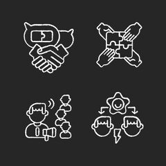 Teamwork skills chalk white icons set on black background. Business negotiation, team building, conflict resolution and influencing. Self development. Isolated vector chalkboard illustrations