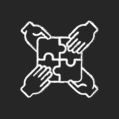 Teamwork building chalk white icon on black background. Teamwork skills development, togetherness. Team building exercise, collaborative problem solving. Isolated vector chalkboard illustration