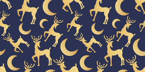 seamless pattern with golden christmas deer and moon herbs in vintage style for fabrics, paper, textile, gift wrap isolated on black background