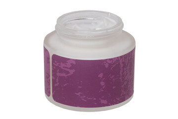 Cosmetic labels isolated. Close-up of a opened cosmetic cream container with a cosmetic night cream or with a skin care product for face isolated on a white background. Macro.