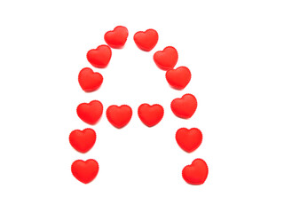 The letter A is made up of small red hearts isolated on a white background. Bright red font.
