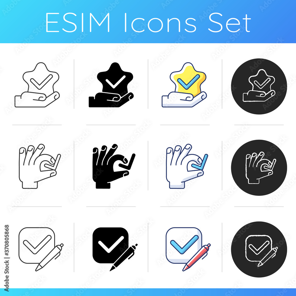 Poster review checkmark icons set. customer service satisfaction. customer approval. right answer. tick wit