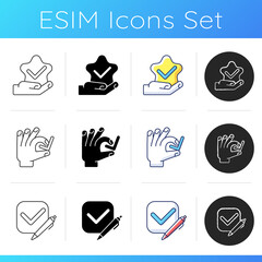 Review checkmark icons set. Customer service satisfaction. Customer approval. Right answer. Tick with pen in checkbox. Linear, black and RGB color styles. Isolated vector illustrations