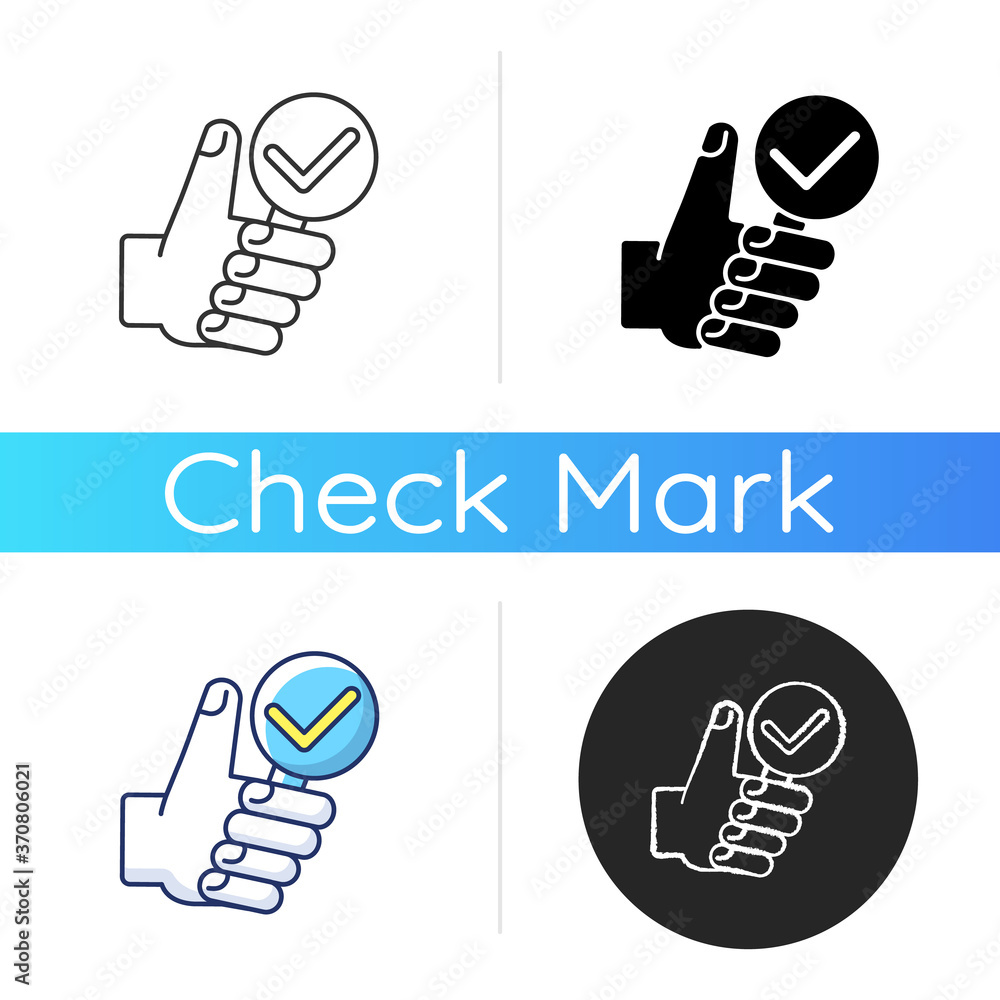 Poster complete research icon. thumbs up with magnifying glass. vote for right answer. accept and evaluate.