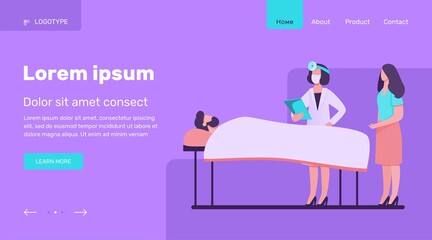 Doctor with disease history near patient bed. Hospital, analysis, guest flat vector illustration. Medicine and healthcare concept for banner, website design or landing web page