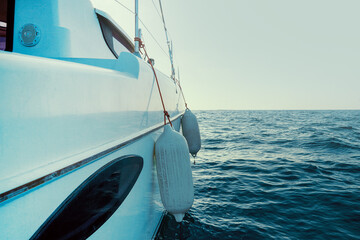 Sailing boat wide angle view in the sea. Yachting as a luxury sport and great vacation. Selective focus.