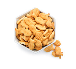 Delicious goldfish crackers in bowl isolated on white