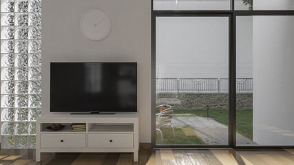 Television Set by the Sliding Doors and Glass Bricks Inside a Sunlit Room 3D Rendering