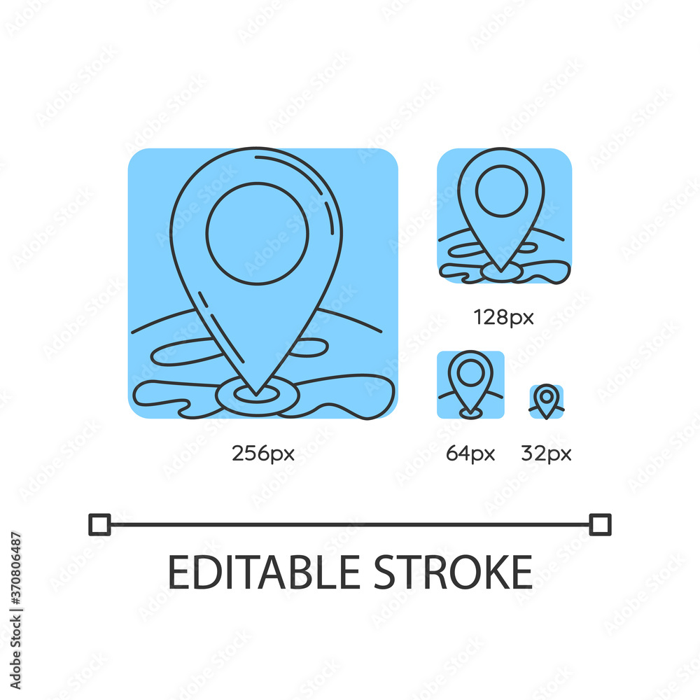 Poster location pointer blue linear icons set. gps position. position on map. marker for destination. thin 