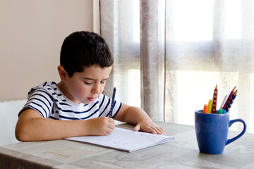 Chico joven escribiendo mientras aprende en casa