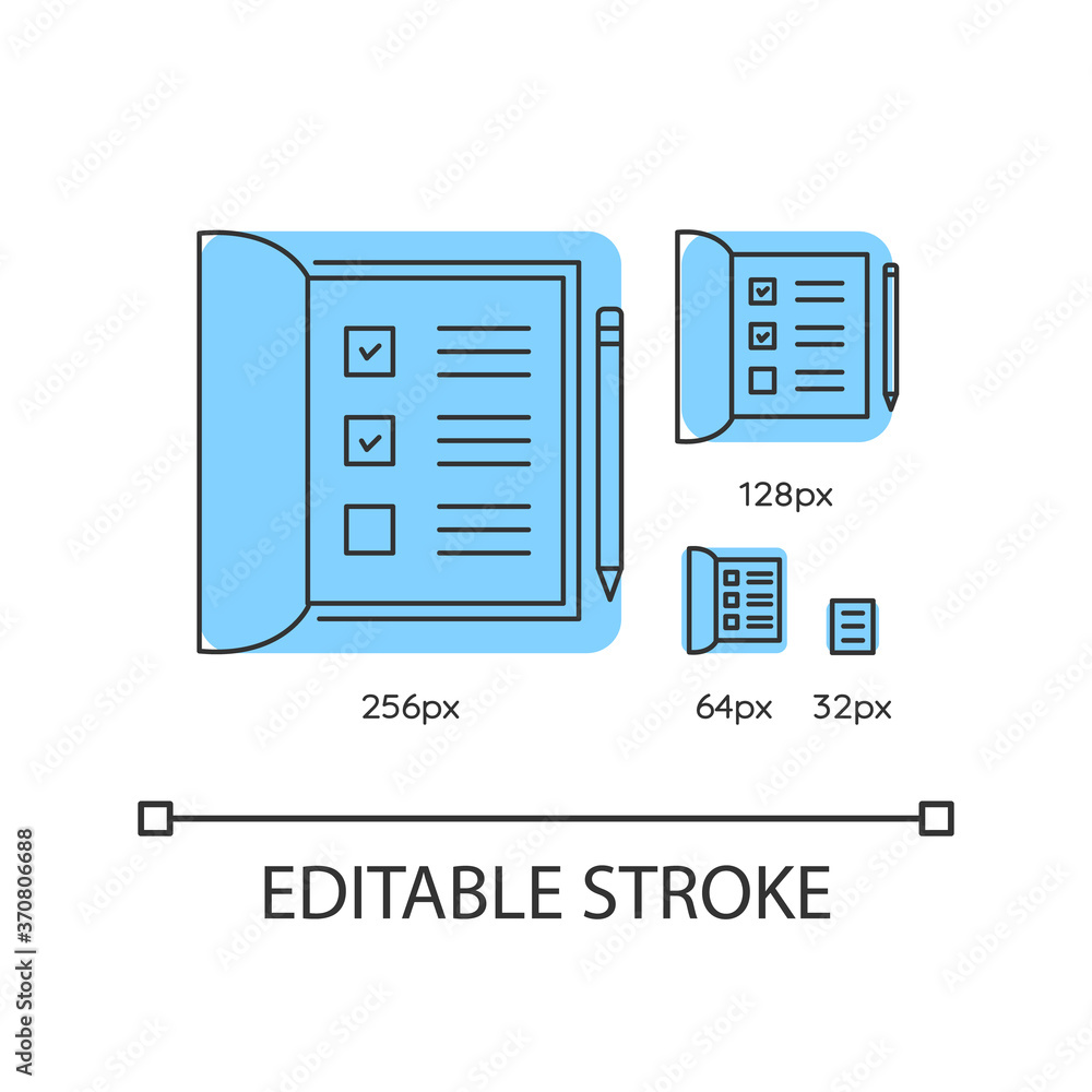 Poster open notebook blue linear icons set. list with ticked checkboxes. mark boxes for poll. thin line cus