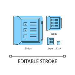 Open notebook blue linear icons set. List with ticked checkboxes. Mark boxes for poll. Thin line customizable 256, 128, 64 and 32 px vector illustrations. Contour symbols. Editable stroke