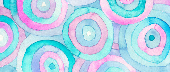 Abstract hypnotic acrylic and watercolor circle painting horizontal background. Texture paper.