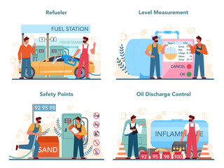 Gas station worker or refueler concept set. Worker in uniform