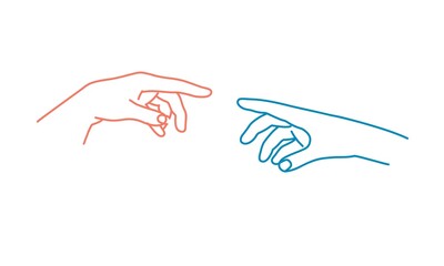 Two hands try to touch each other. Human relations concept. Line drawing vector illustration.