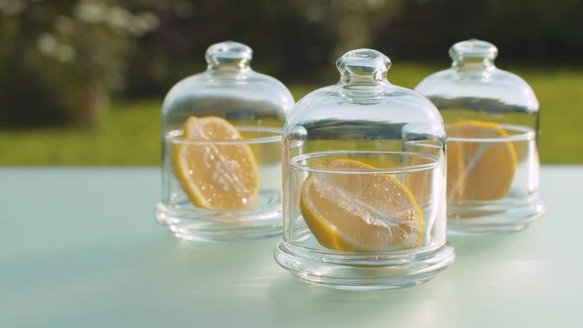 Close up lemon halfs in glass jars on the glass table in the garden. Healthy food, organic vitamins. Natural pharmacy and aromatherapy concept. Closeup shot with slide or move camera.