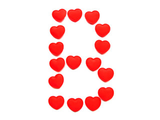 The letter B is made up of small red hearts isolated on a white background. Bright red font.