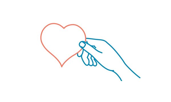 Hand holding heart. Line drawing vector illustration.