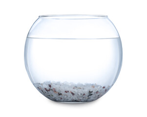 Glass fish bowl with clear water and decorative pebble isolated on white