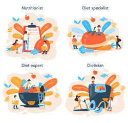 Nutritionist concept set. Diet plan with healthy food and physical activity