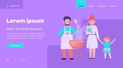 Family with kids grilling barbecue meat outdoors. Picnic, children, parents flat vector illustration. Leisure, summer, food concept for banner, website design or landing web page