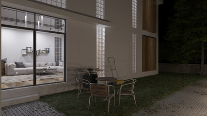 Outdoor Seating Set by the Living Room at Night 3D Rendering