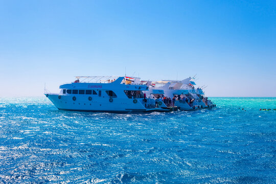 Sharm El Sheikh, Egypt - February 16, 2020: Sail boat ship with tourists in Ras Mohamed National Park in the Red Sea, Sharm El Sheikh