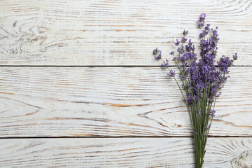 Obraz premium Beautiful fresh lavender flowers on white wooden background, top view. Space for text