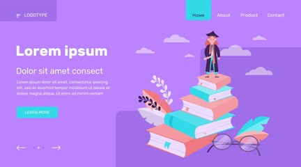 Graduate from school or college. Student girl wearing graduation hat standing on stack of books flat vector illustration. Education, knowledge concept for banner, website design or landing web page