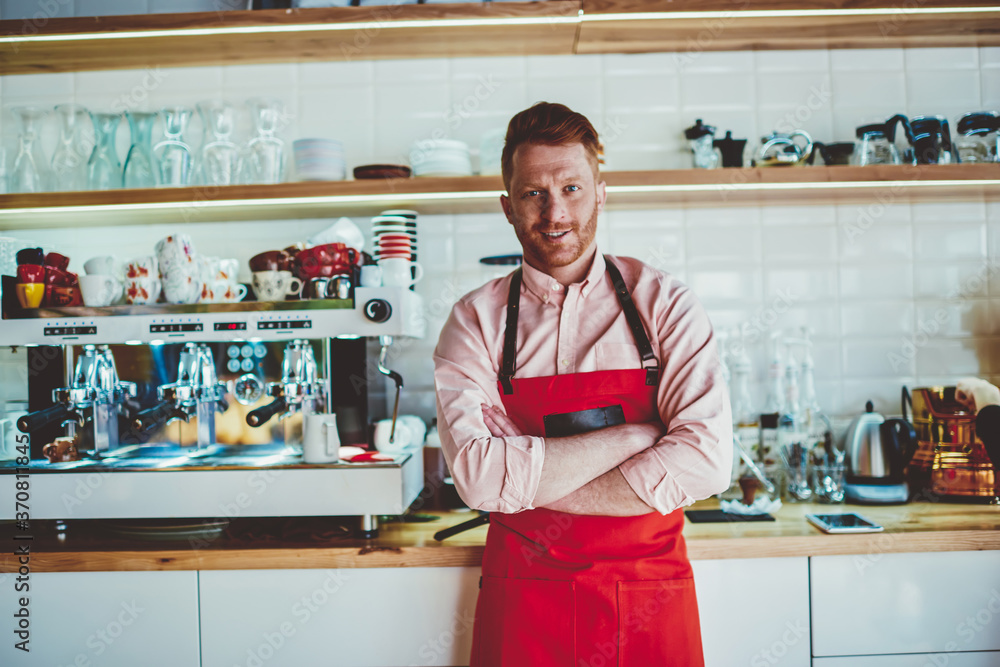 Poster portrait of cheerful caucasian barista dressed in apron smiling at camera while standing at bar with