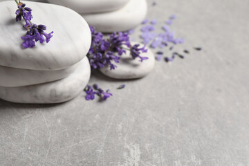 Stones, sea salt and lavender flowers on grey table, closeup. Space for text