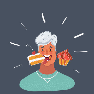 Vector illustration of man eating lots of sweets, cackes and cupcakes. Male face on dark background.