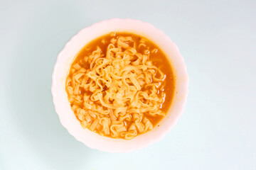Traditional asian noodle soup, Fresh noodles on bowl, Instant noodles. Asian ramen noodles in black bowl on the table. Asian noodle soup 