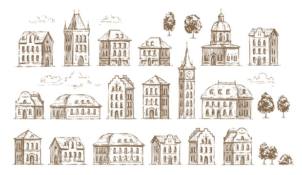 Hand drawn historic buildings set. Vintage sketch of architecture