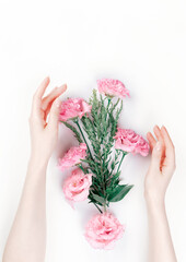 Delicate female hands frame the scattered pink buds of eustoma. White background. Flat lay. The skin is albino. Copy space. The concept of Floristics and tenderness