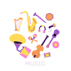 classical musical instruments circle composition. Abstract geometry shape. Modern trendy flat illustration