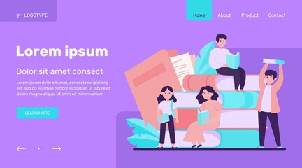 Focused tiny people reading books. Studying, story, library flat vector illustration. Knowledge and education concept for banner, website design or landing web page