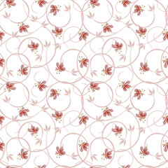 Vector floral seamless pattern. Vintage ornament with small pretty flowers, curly branches, leaves, twigs. Liberty style wallpapers. Pink and white color. Abstract background. Elegant repeat design 