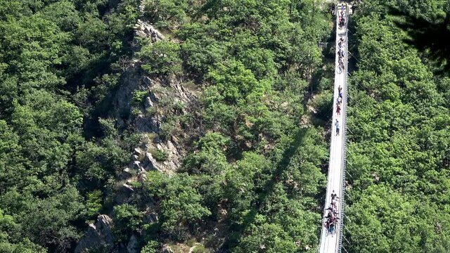 H&auml;ngeseilbr&uuml;cke Geierlay, Menschen laufen &uuml;ber die Br&uuml;cke