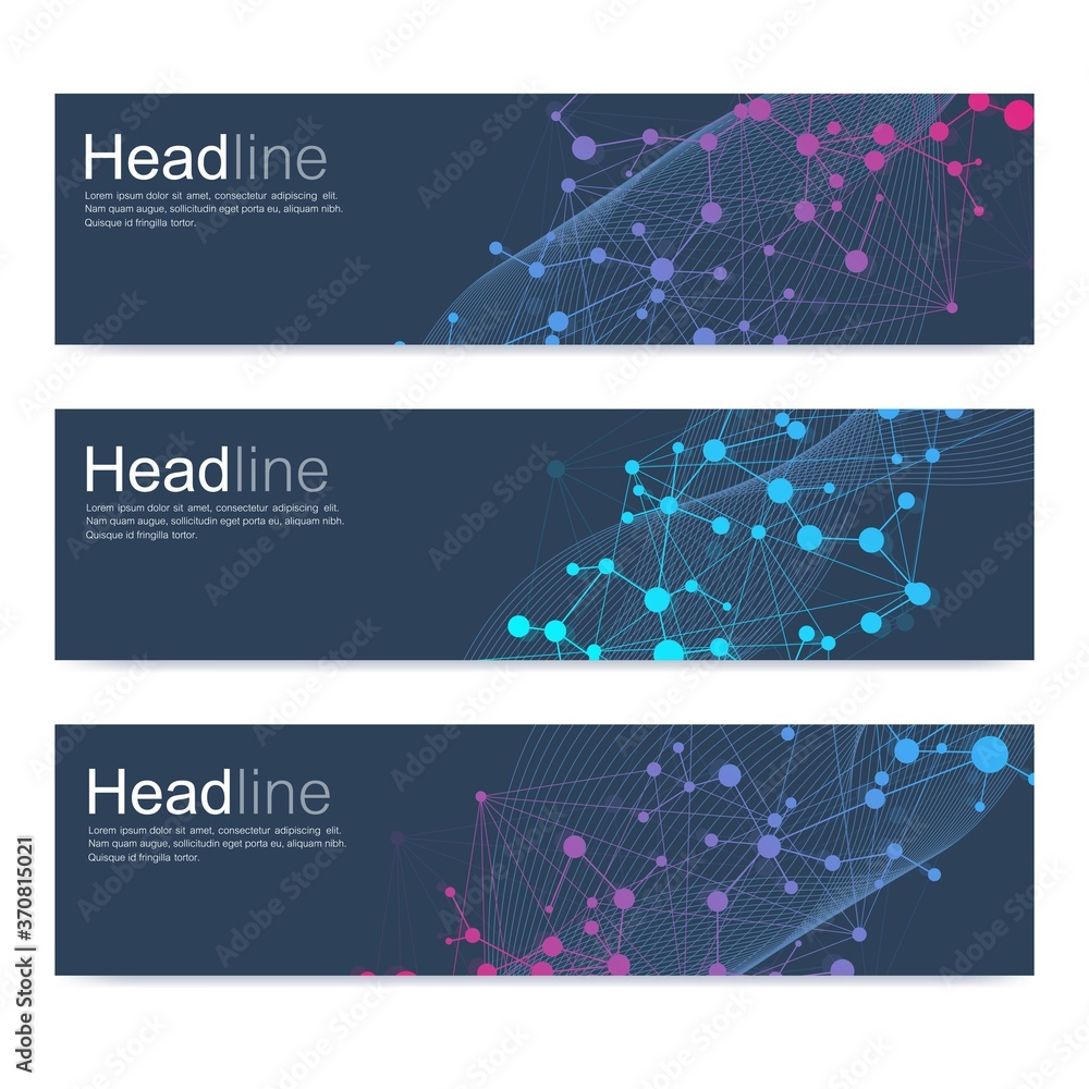 Poster scientific set of modern vector banners. dna molecule structure with connected lines and dots. scien