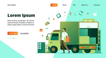 Courier with truck delivering order. Man carrying box from shipping lorry with other packages. Vector illustration for delivery service, transport, logistics concept