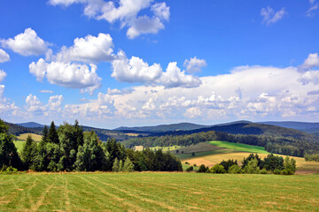 Summer landscape in the mountains with green meadows and forested hills, Low Beskids (Beskid Niski), Poland  - obrazy, fototapety, plakaty