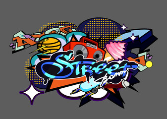 the inscription Street in the style of pop art street graffiti on the background of clouds, explosions, Boombox, skate, ball, ice cream. Perfect for stickers, flyers, festivals. EPS 10 © Азиза Сейфутдинова