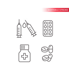 Medical drugs thin line vector icon set. Syringe, pills, tablets and capsules with a bottle outline symbols, editable stroke.