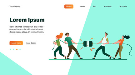 Groups of people pulling rope in tug of war play. Struggling team competing with each other. Vector illustration for game, contest, competition, confrontation concept