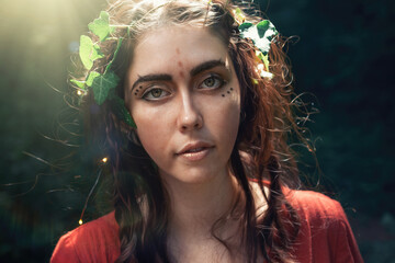 Fantasy. Portrait of a young brunette woman in the form of an elf, druid or fairy. Dark background...