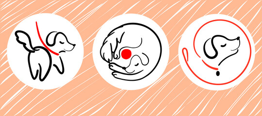 Dog walking service logo set in line style on round from leash. Happy puppy training icon. Walk pet symbol in black red vector outline illustration. Simple Cartoon animal logotype