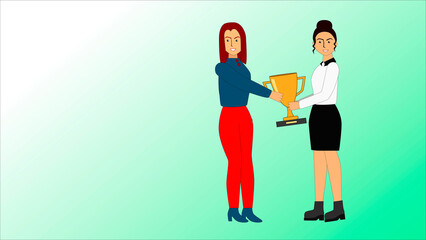 Young woman getting winner cup from her teacher or tutor after finishing grade or courses. Best worker award. Business achievement. Award concept