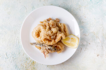 Fried fish with anchovy, prawn and other mediterranean fishes
