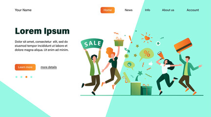 Customers celebrating sale. People holding gift, credit card, loudspeaker, dancing, having fun. Vector illustration for loyalty program, promotion, customer reward concept